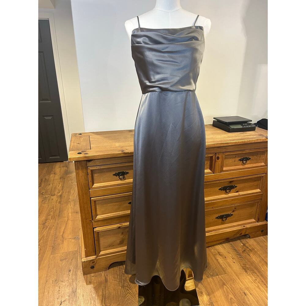 Amsale Sz 6 Satin Maxi Formal Gown Steel Gray Cowl Neck Thin Spaghetti Straps